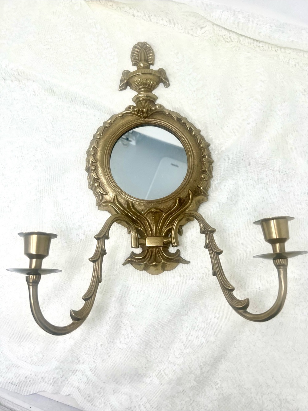 Set of 2 Vintage Ornate Brass Wall Mirror Sconce with Dual Candle Holders